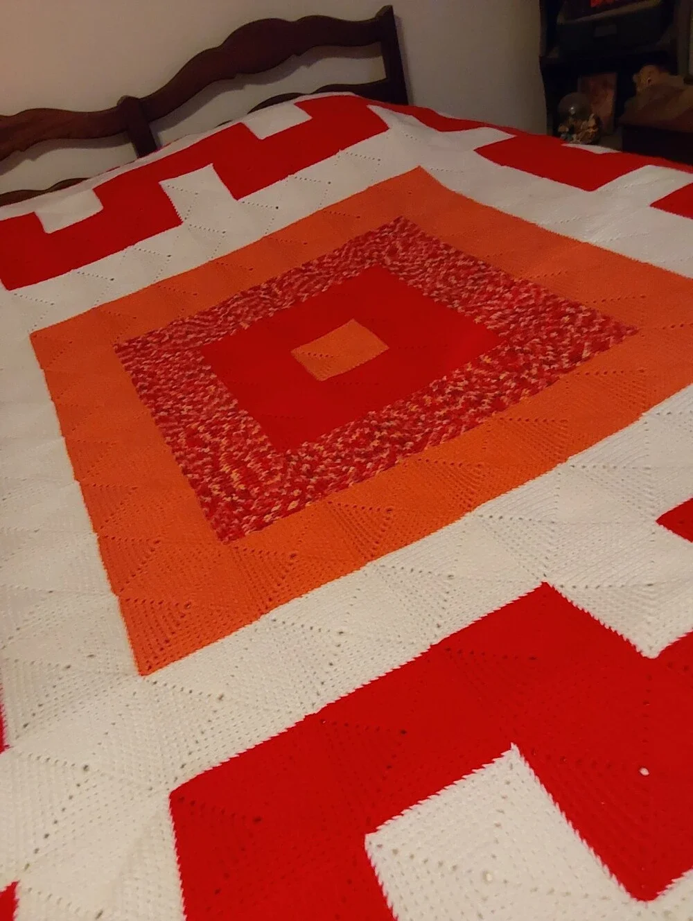🌺 NEW Handmade Orange, Red & White Geometric Afgan/Bedspread